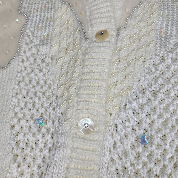 vintage 90s beaded sequin angora lambswool blend chunky knit cardigan sweater S - Picture 3 of 9